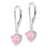 Sterling Silver Polished Pink CZ Heart Leverback Dangle Earrings